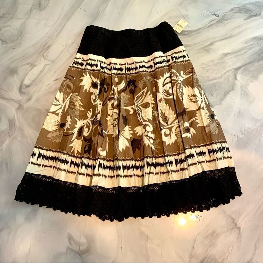 NWT New COLDWATER CREEK Crochet Border Print Skirt Black Tan Cream M 10 12